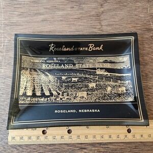 Vtg Roseland State Bank Nebraska Smoked Glass Trinket Dish Gold Farm Scene Japan